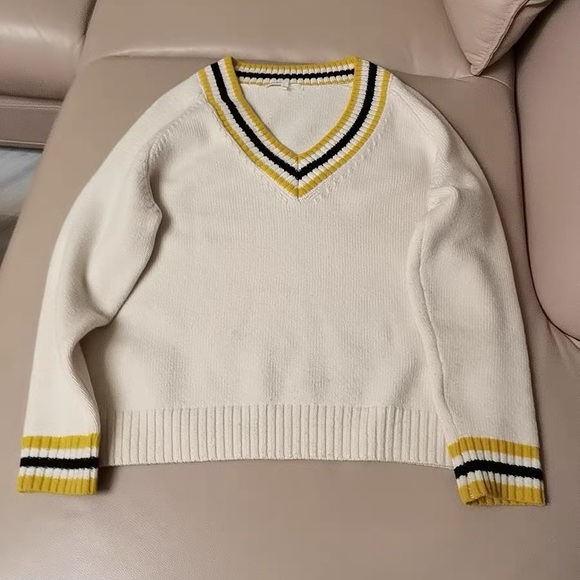 Maje Cream V-Neck Sweater with Yellow and Black Stripes - Picture 1 of 1